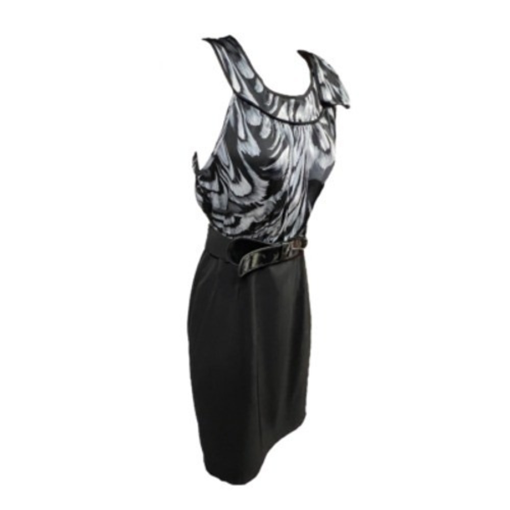 AB Studio Sheath Dress Black Grey Feather Print Women Size 6 Belted Elegant - Picture 6 of 13